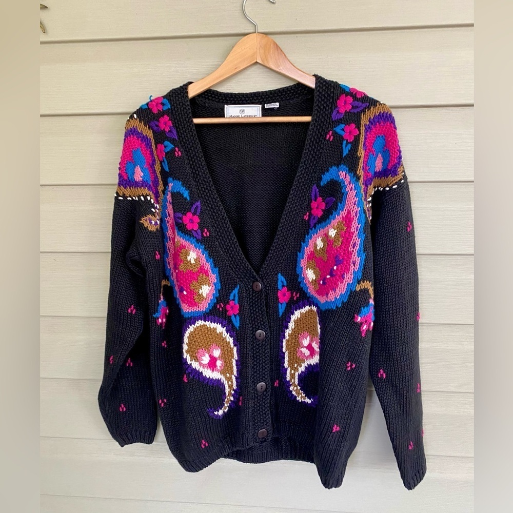 MAGGIE LAWRENCE oversized vintage knit cardigan 90s paisley Fashion Bug dream S